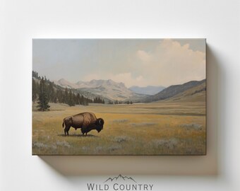 Vintage Buffalo Matte Canvas, Western Bison Decor, Wildlife Wall Art, Mountain Landscape Wall Art, American Bison Painting Print on Canvas