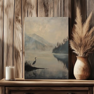 Great Blue Heron Art Print, Dark Vintage Art Print, Rustic Cabin Decor, Muted Lake Painting, Rustic Mountain Wall Art, Heron Bird Painting imagen 14