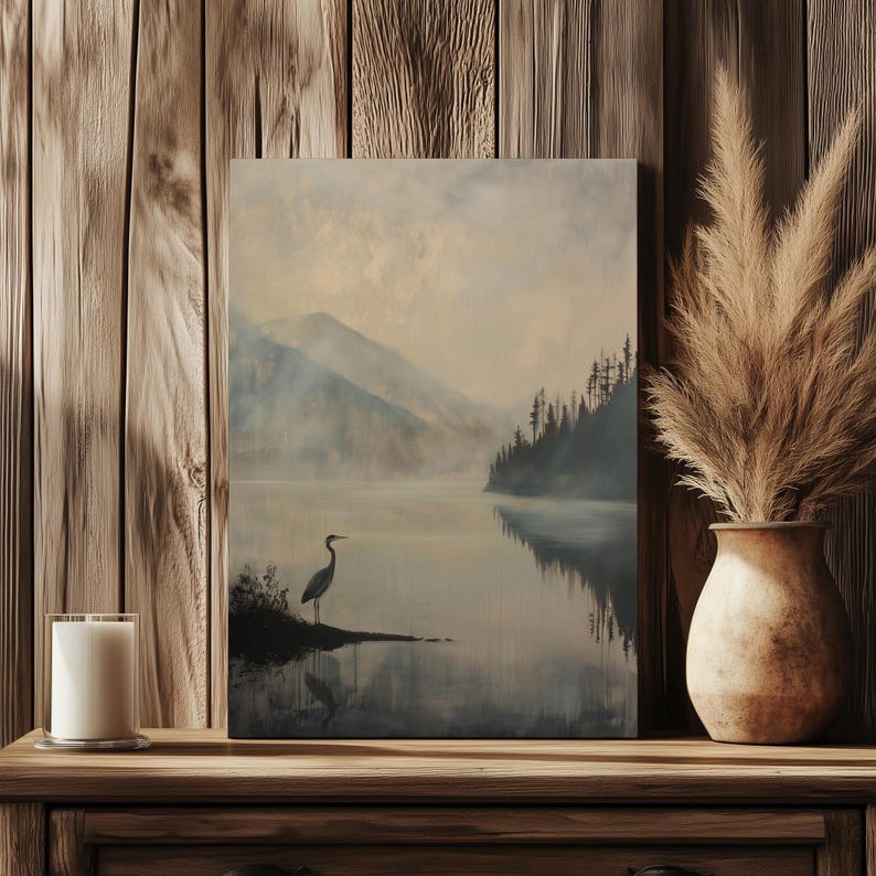 Great Blue Heron Art Print, Dark Vintage Art Print, Rustic Cabin Decor, Muted Lake Painting, Rustic Mountain Wall Art, Heron Bird Painting imagen 14