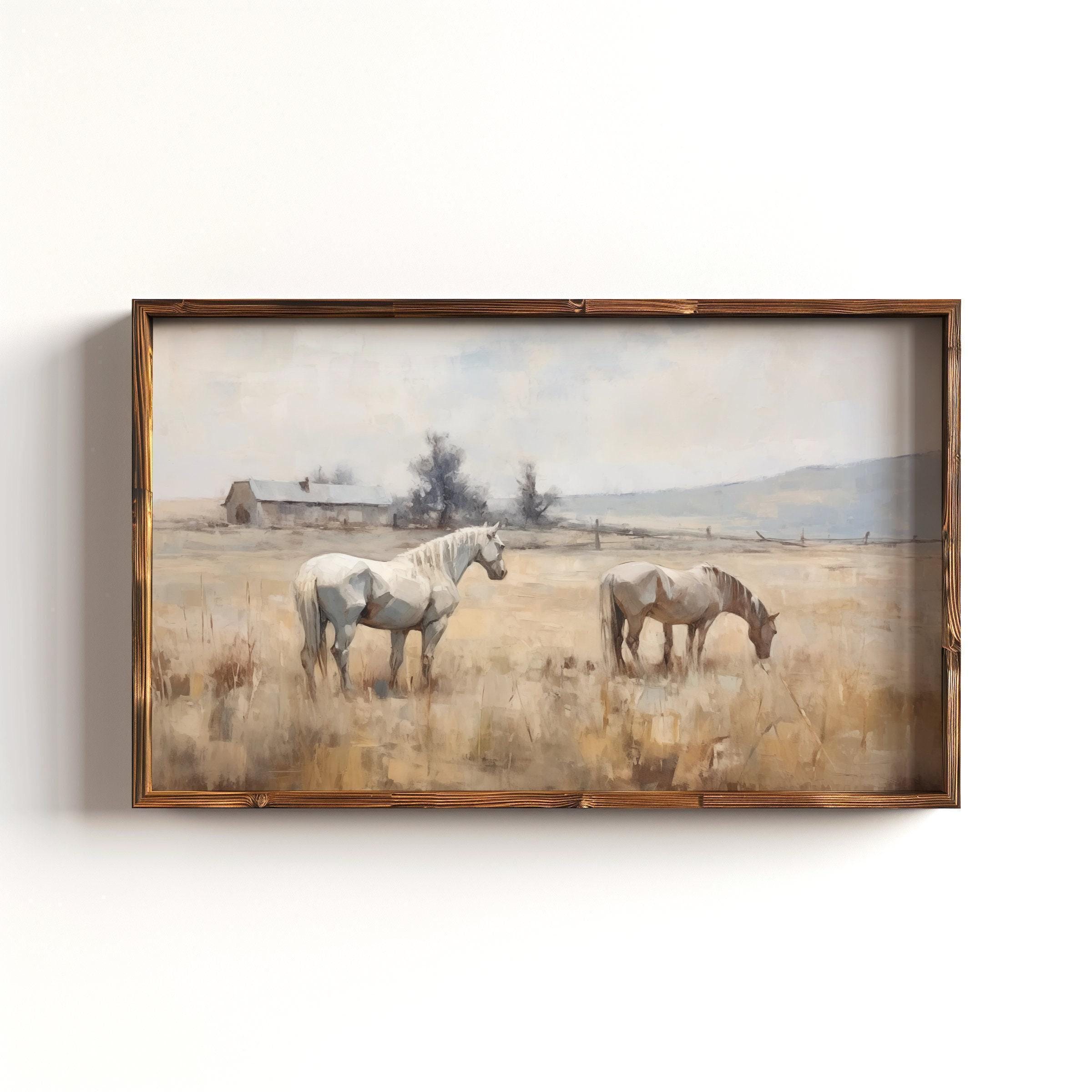 Vintage White Horses Oil Painting, Western Horses Poster Print, Equestrian Wall Art, Montana Painting, Country Landscape, Farmhouse Decor