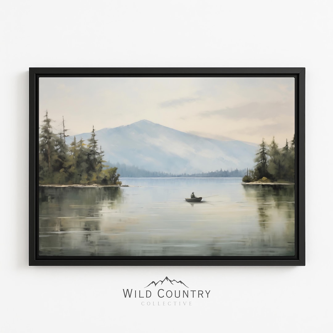 Framed Canoe Canvas Print: Large Mountain Lake Fisherman Scene Wall Art ...