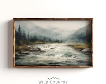 Rushing River Poster Print, Vintage River Oil Painting, Flathead River, Rustic Cabin Decor, Montana Landscape Art, Forest Landscape Painting
