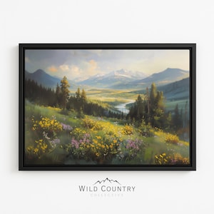 Framed Wildflower Landscape Canvas Mountain Painting Montana Wildflower Wall Art Nature Scene Painting Vintage Mountain Landscape Canvas