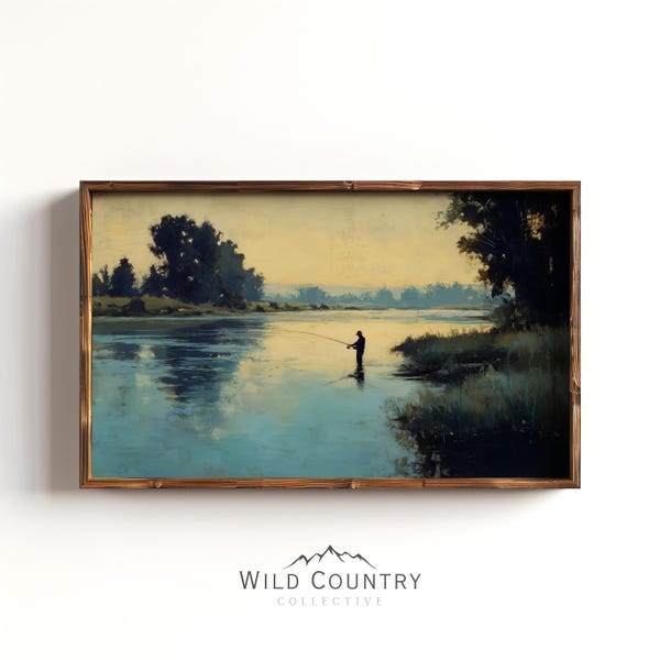 River Fishing Art Print Fly Fisherman Picture Vintage River Landscape Artwork Nature Theme Living Room Wall Decor Outdoor Picture Vintage
