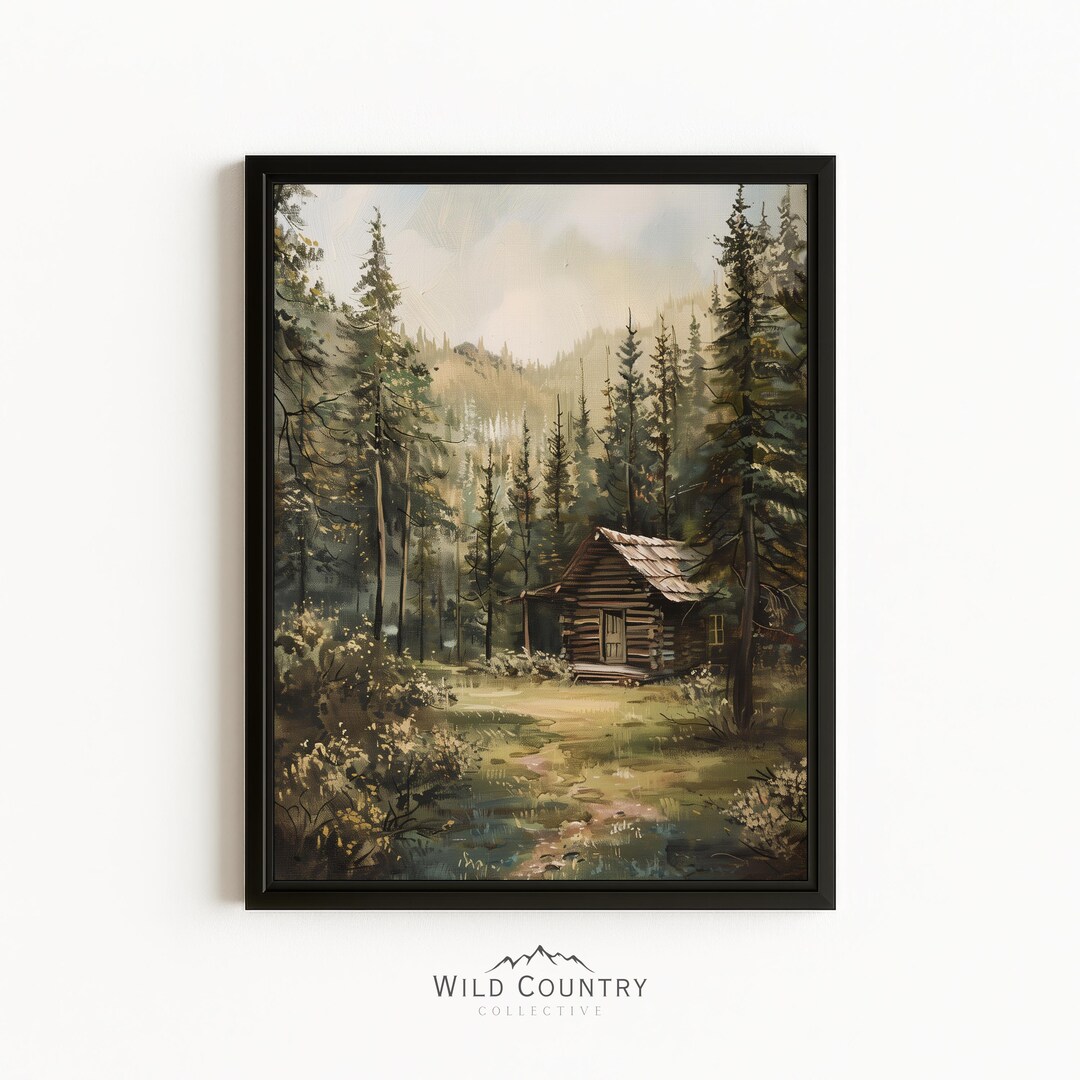 Framed Log Cabin Wall Art Rustic Pine Tree Forest Oil Painting Cabin ...