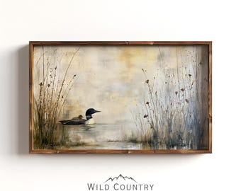 Loon with Chick Art Print Warm Cream and Amber Marsh Reeds Neutral Wall Decor Lake House Waterfowl Nature Lover Gift