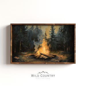 Vintage Campfire Wall Art Print, Dark Forest Painting, Rustic Wall Art, Moody Pine Tree Painting, Camping Theme Wall Art, Cabin Wall Decor