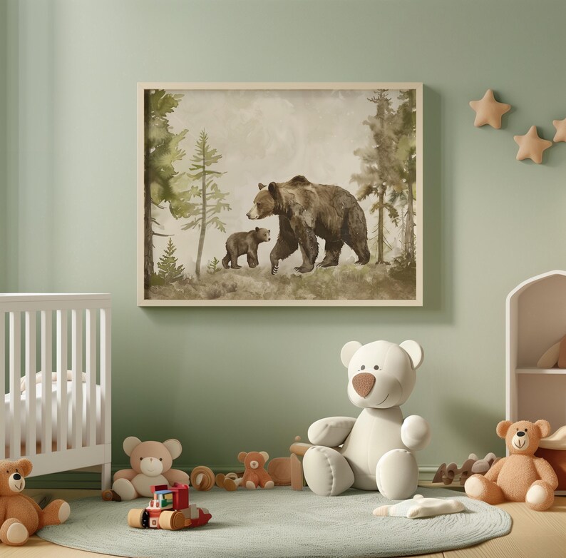 May include: A framed watercolor painting of a brown bear and a cub walking through a forest. The painting has a light brown background with green trees and a light blue sky.