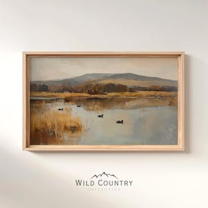 Printable Vintage Duck Oil Painting, Countryside Art Print, Bird Hunter Gift, Moody Wetlands Wall Art, Antique Mallard Duck Pond Painting