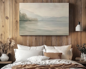Muted Lake Canvas Antique Lake Painting Light Gray Wall Art Mountain Landscape Painting Boho Lake House Decor Vintage Canvas for Living Room