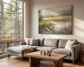 Mallard Duck Pond mat canvas, klaar om op te hangen muur decor, vintage eend olieverfschilderij print op canvas, bosrijke kinderkamer kunst aan de muur
