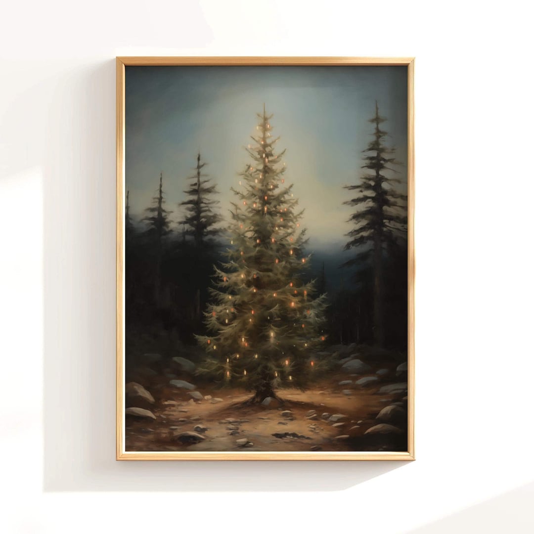 ダーククリスマスツリープリント、素朴な松の木のプリント、雰囲気の