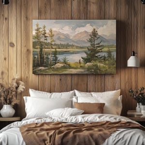 Forest Wall Art Canvas for Cabin Vintage Lake Landscape Canvas Pine Tree Painting Mountain Art Print Rustic Cabin Decor Housewarming Gift