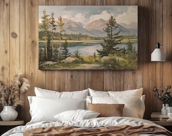 Forest Wall Art Canvas for Cabin Vintage Lake Landscape Canvas Pine Tree Painting Mountain Art Print Rustic Cabin Decor Housewarming Gift