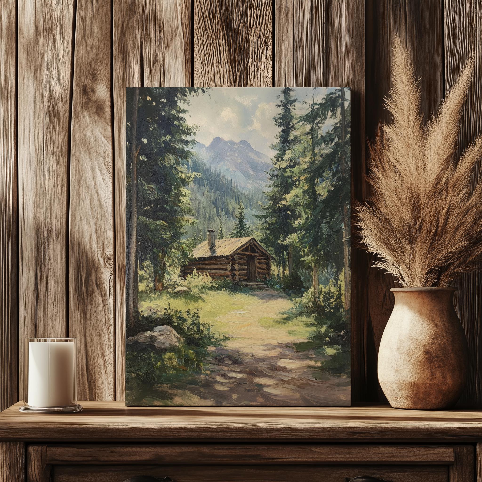 森の中の小屋の装飾 ログキャビンの絵 キャンバス 森の壁の装飾 自然