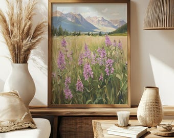 Printable Purple Wildflower Wall Art, Vintage Wildflower Field Painting, Fireweed Print, Floral Botanical Art Print, Fireweed Flower Art