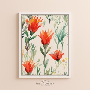 Framed Modern Floral Canvas Alpine Indian Paintbrush Floral Pattern Canvas Red Mountain Wildflower Blooms on White Ready to Hang Gallery Art