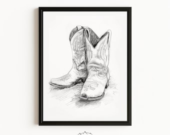 Disegno incorniciato di stivali da cowboy con schizzo western, grande tela western, arte murale da camera da letto, stampa in bianco e nero, tela incorniciata, arte da casa in stile ranch