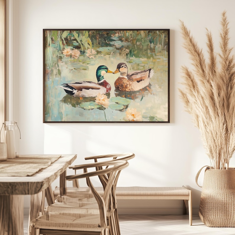 Love Birds Mallard Ducks Oil Painting, His & Hers Gift, Vintage Duck Poster Print, Mallard Duck Decor, Farmhouse Wall Art, Gift for Couples image 2