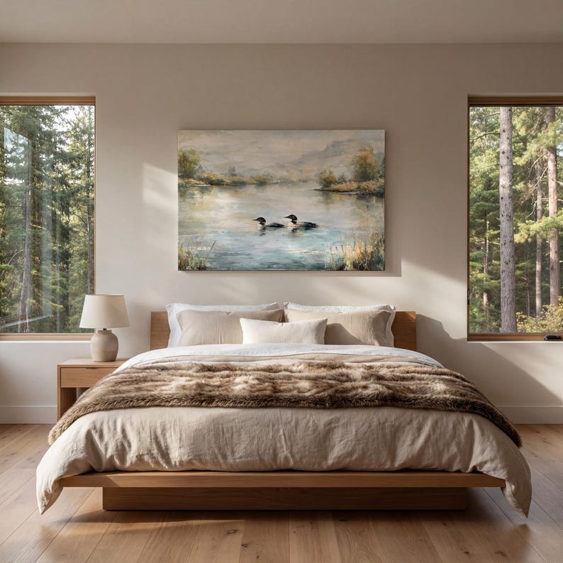 a serene bedroom scene with a large bed, a painting of ducks swimming in a lake, and two windows overlooking a forest.