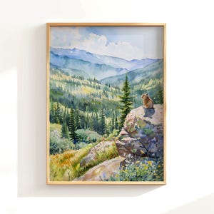 Impressão de Pikachu americano, pôster do Parque Nacional Glacier, pintura em aquarela de montanha, arte de parede de vida selvagem em montanha, impressão de arte de Pikachu, decoração de fazenda
