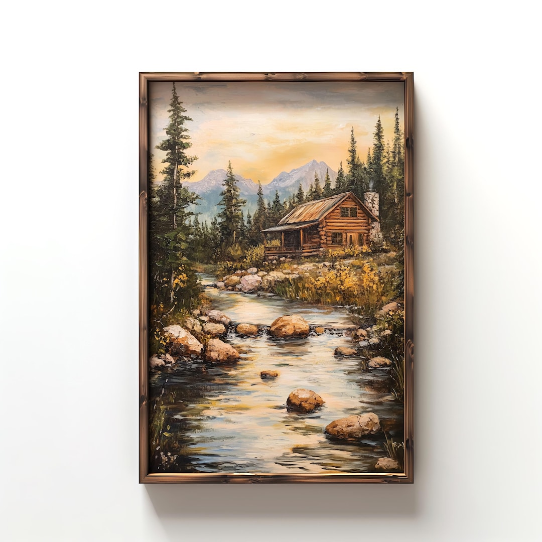 Log Cabin Wall Art Mountain Decor Rustic Forest Oil Painting Cabin in ...