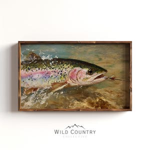Art mural pêche, décoration de salle de jeux homme des cavernes, impression de poisson, peinture vintage truite, impression d'art poisson, photo rustique de truite, impression de chambre de garçon