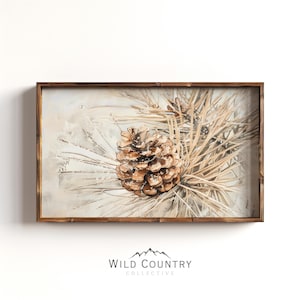 Vintage Pine Cone Poster Print, Winter Wonderland Landscape, Snowy Pine Tree Wall Art, Pine Tree Oil Painting, Woodland Cabin Wall Decor