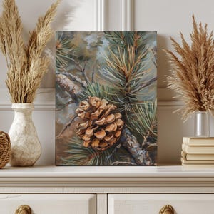 Tela de pinha vintage, linda impressão de pinheiro, decoração de parede de cabana na floresta, pintura de pinheiro perene, decoração de Natal