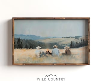 Cowboy Campfire Art Print, Rustic Country Decor, Muted Western Cowboy Painting, Vintage Western Wall Art, Montana Landscape Painting