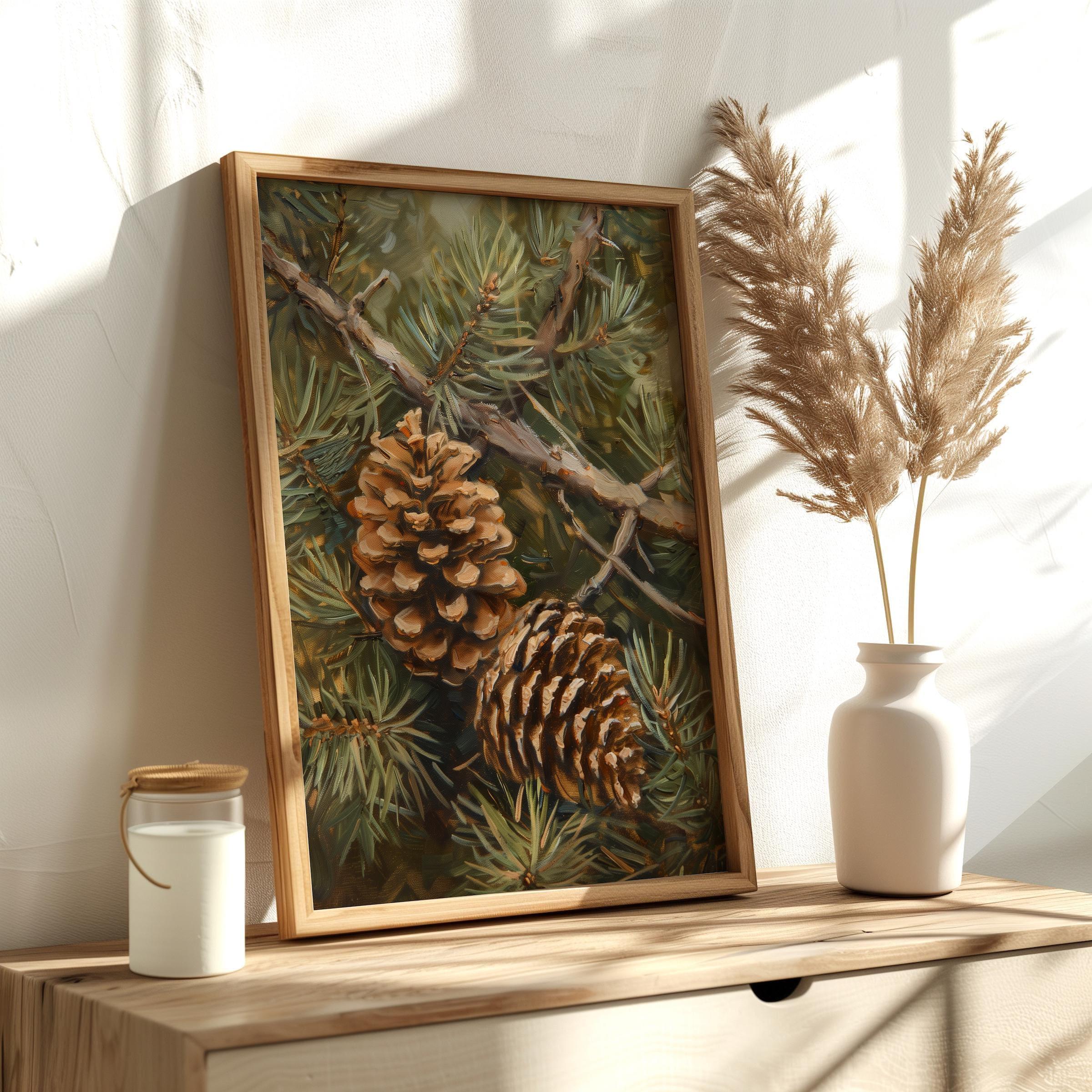 ヴィンテージの松ぼっくりアートプリント、松の木の油絵、森の小屋の