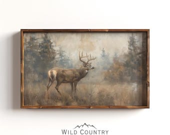 Rustic Deer Landscape Painting for Man Cave Hunting Decor Dark Brown Wall Art Cabin Decor Vintage Woodland Room Antique Forest Art Print