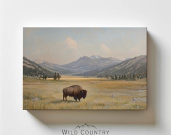 Vintage Buffalo Matte Canvas, Mountain Landscape Wall Art, American Bison Painting Print on Canvas, Western Bison Decor, Wildlife Wall Art