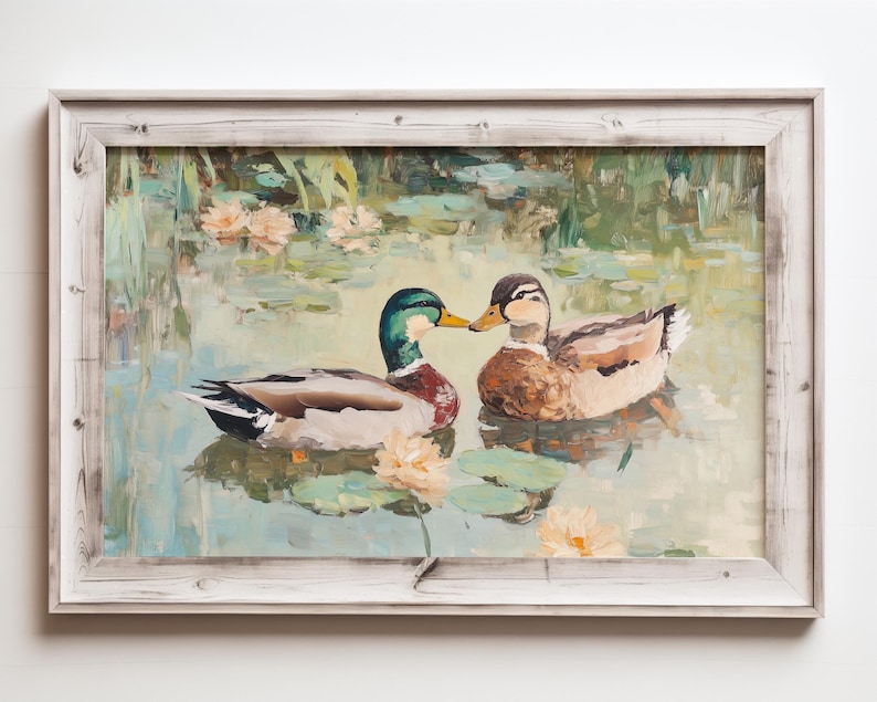 Love Birds Mallard Ducks Oil Painting, His & Hers Gift, Vintage Duck Poster Print, Mallard Duck Decor, Farmhouse Wall Art, Gift for Couples image 4