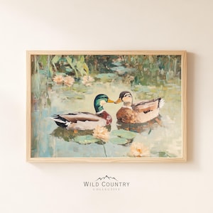 Love Birds Mallard Ducks Oil Painting, His & Hers Gift, Vintage Duck Poster Print, Mallard Duck Decor, Farmhouse Wall Art, Gift for Couples image 1