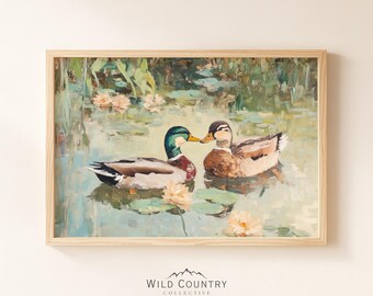 Love Birds Mallard Ducks Oil Painting, His & Hers Gift, Vintage Duck Poster Print, Mallard Duck Decor, Farmhouse Wall Art, Gift for Couples