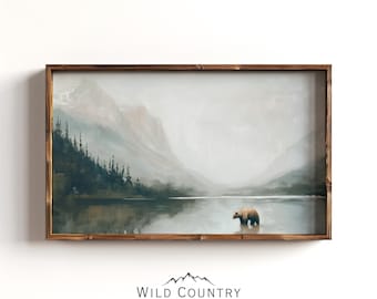 Grizzly Lake Art Print, Vintage Lake House Decor, Glacier National Park Print, Moody Lake Landscape, Montana Wall Art, Grizzly Bear Painting