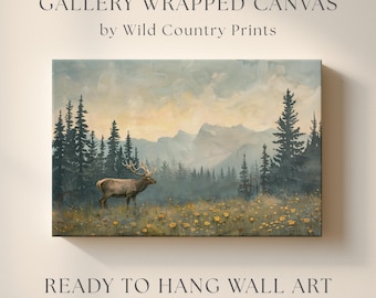 Vintage stier eland schilderij print op canvas, gele bloem veld schilderij, jacht decor, berglandschap mat canvas, pijnboom muurkunst