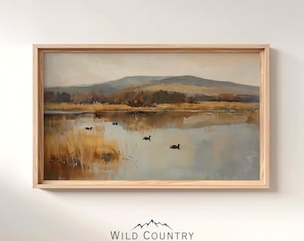 Printable Vintage Duck Oil Painting, Countryside Art Print, Bird Hunter Gift, Moody Wetlands Wall Art, Antique Mallard Duck Pond Painting