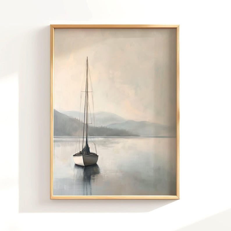Muted Sailboat Painting, Flathead Lake Montana Wall Art, Vintage Lake House Coastal Painting, Sailboat Wall Art, Rustic Lake House Decor image 1