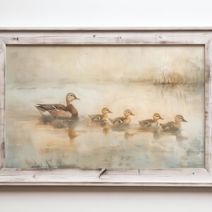 a painting of a family of ducks floating on a lake