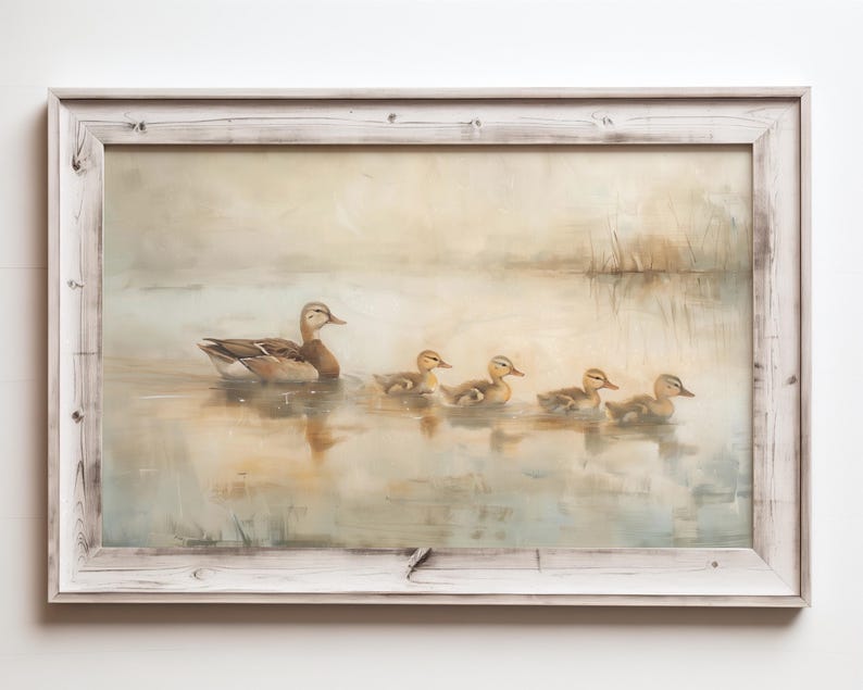 a painting of a family of ducks floating on a lake