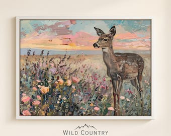 Framed Fawn Artwork Flower Painting Deer Vintage Fawn Print Nursery Girl Wall Art Floral Animal Print Canvas Baby Deer Art Print for Nursery