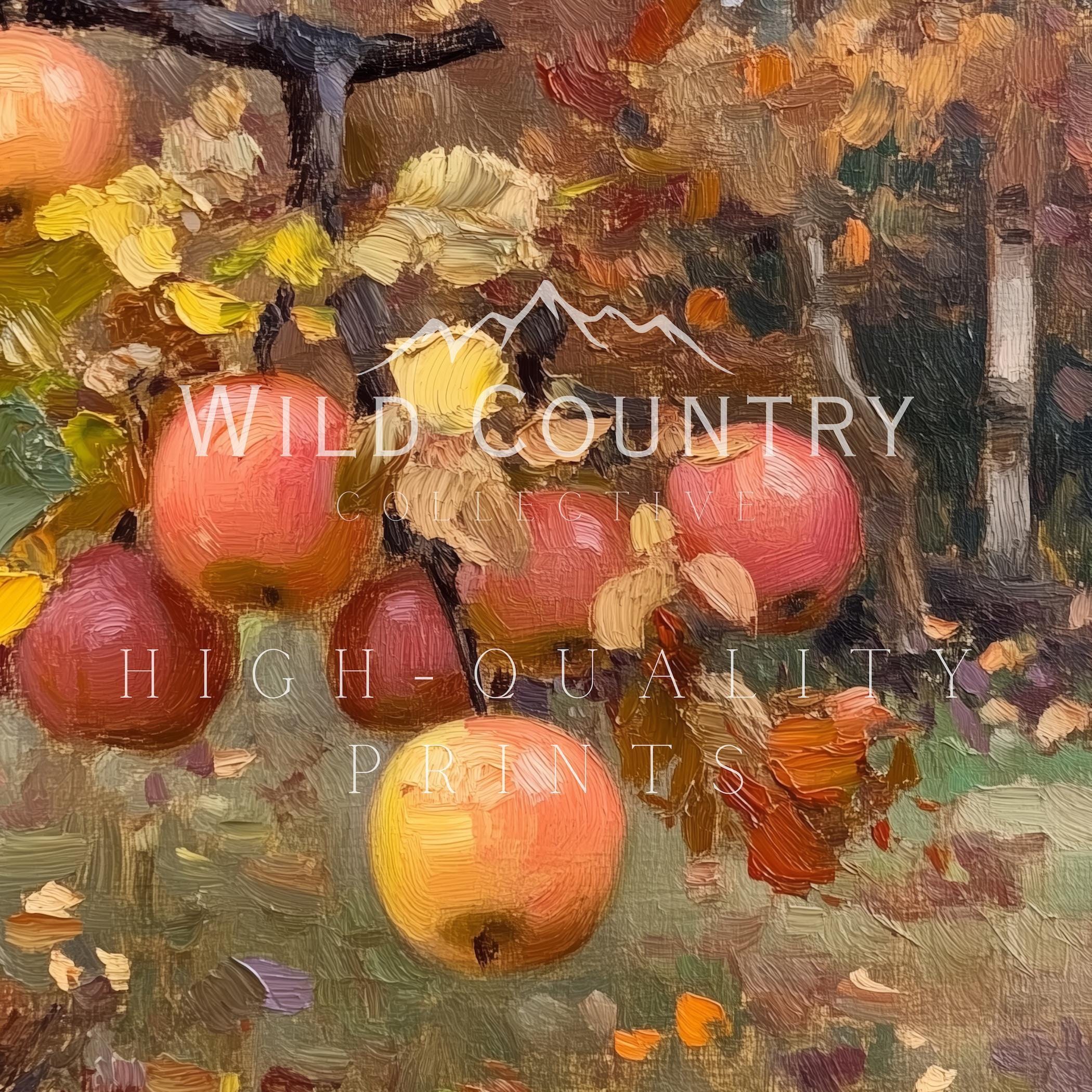 リンゴ園の風景画アートプリント、秋の風景画ウォールアート