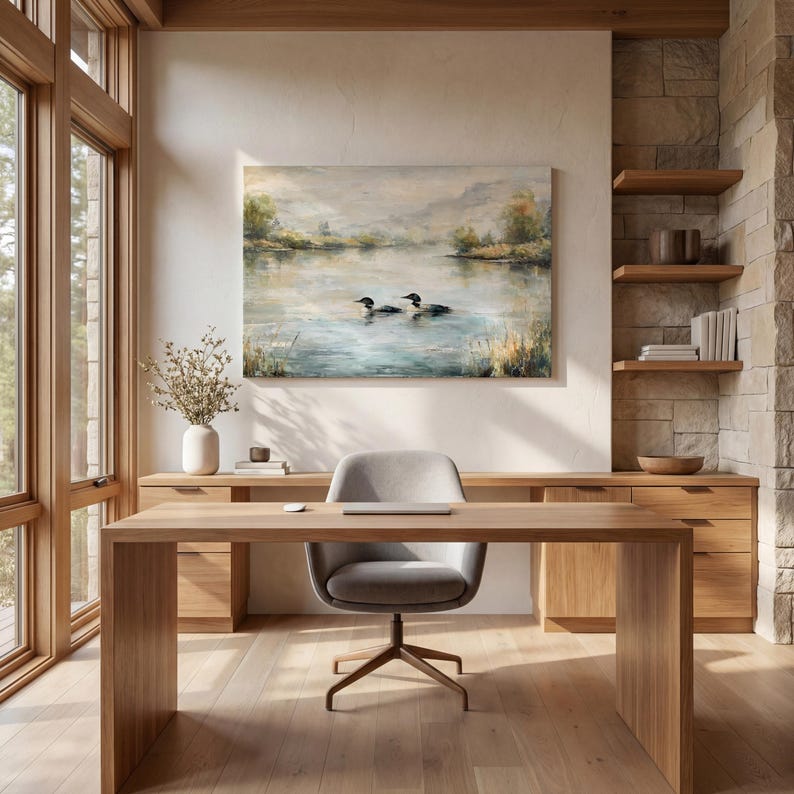 a serene and modern workspace with a large painting of a lake and ducks hanging on the wall above a wooden desk with a computer and a comfortable gray chair.