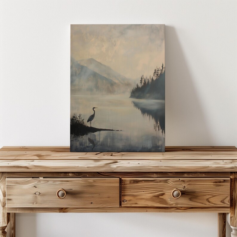 Great Blue Heron Art Print, Dark Vintage Art Print, Rustic Cabin Decor, Muted Lake Painting, Rustic Mountain Wall Art, Heron Bird Painting imagen 19