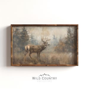 Rustic Deer Landscape Painting for Man Cave Hunting Decor Dark Brown Wall Art Cabin Decor Vintage Woodland Room Antique Forest Art Print