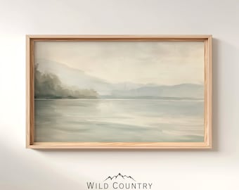 Printable Muted Lake Painting, Antique Lake Print, Faint Vintage Wall Art, Rustic Lake House Decor, Light Gray Wall Art, Montana Painting