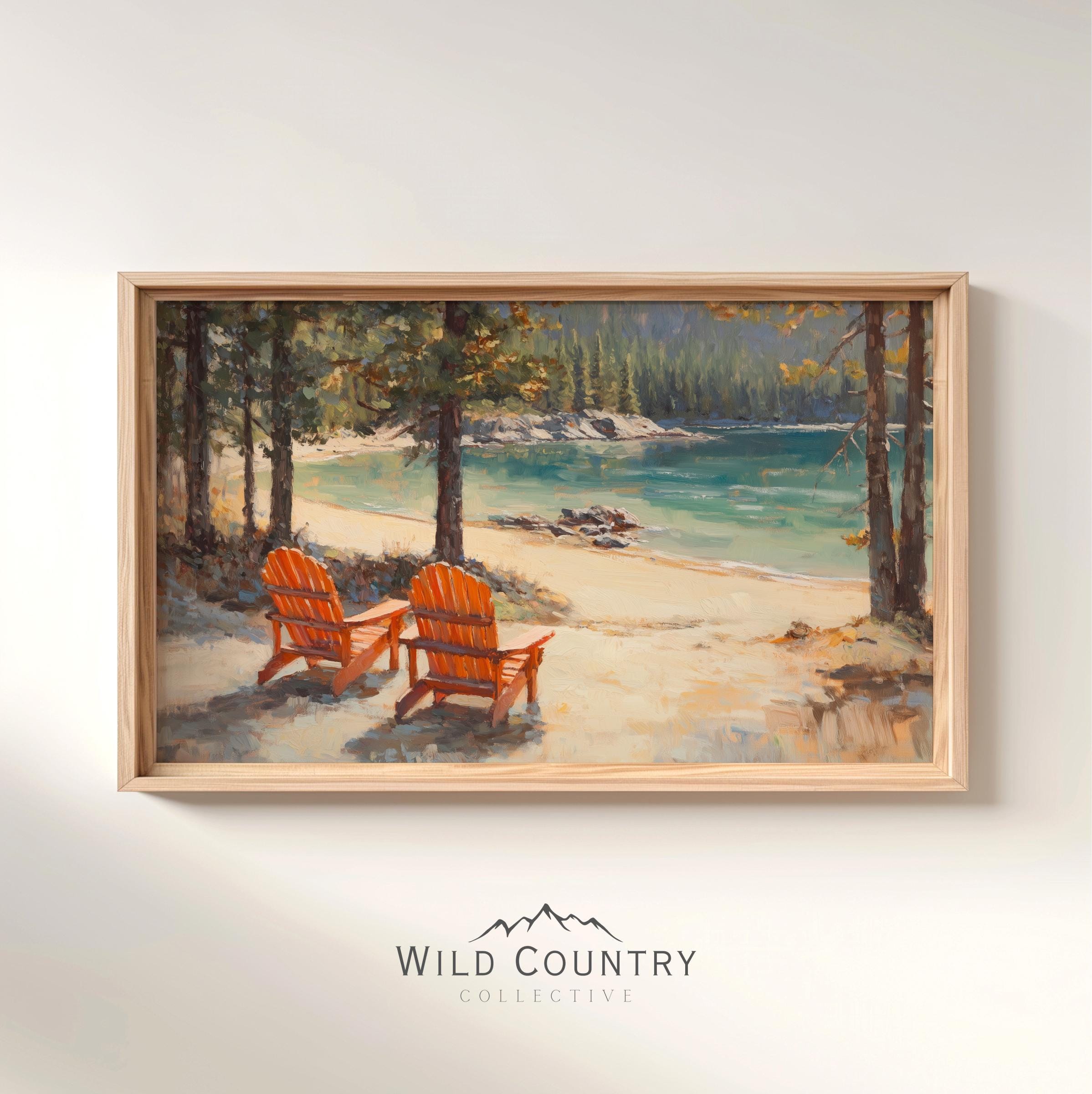 印刷可能なアンティークアディロンダックチェア湖の絵画、松の木の風景