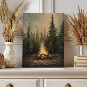 Moody Campfire Matte Canvas, Rustic Pine Tree Print on Canvas, Cabin Wall Decor, Dark Wall Art, Vintage Forest Painting, Camping Theme Art